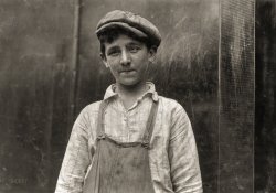 June 1916. Fall River, Massachusetts. "Lawrence Burns, 14, doffer in Pocasset mill. 43 Langley Street. Eye defect." Photograph by Lewis Wickes Hine. View full size.