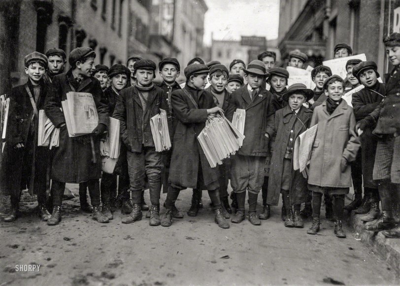 &nbsp; &nbsp; &nbsp; &nbsp; Text Updates 1.0 -- street urchins hawking broadsheets.
December 1909. "Some of Newark's small newsboys. Afternoon." Photo by Lewis Wickes Hine for the National Child Labor Committee. View full size.
