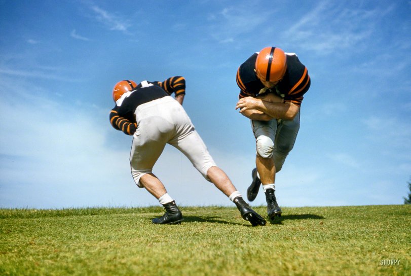 "Athletes from various colleges demonstrating a variety of football moves." Who'll be the first to name that team? 35mm Kodachrome by Marvin E. Newman for the Look magazine assignment "1957 Football Forecast." View full size.
