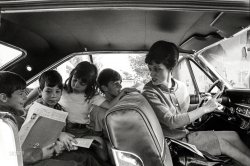 February 14, 1967. "Divorcée Kay Biocini of Redwood City, Calif., chauffeuring some of her five children,  John, George, Peter, Rodney and Ann." 35mm negative from photos by Thomas R. Koeniges for the Look magazine assignment "Divorce Suburban Style." View full size.