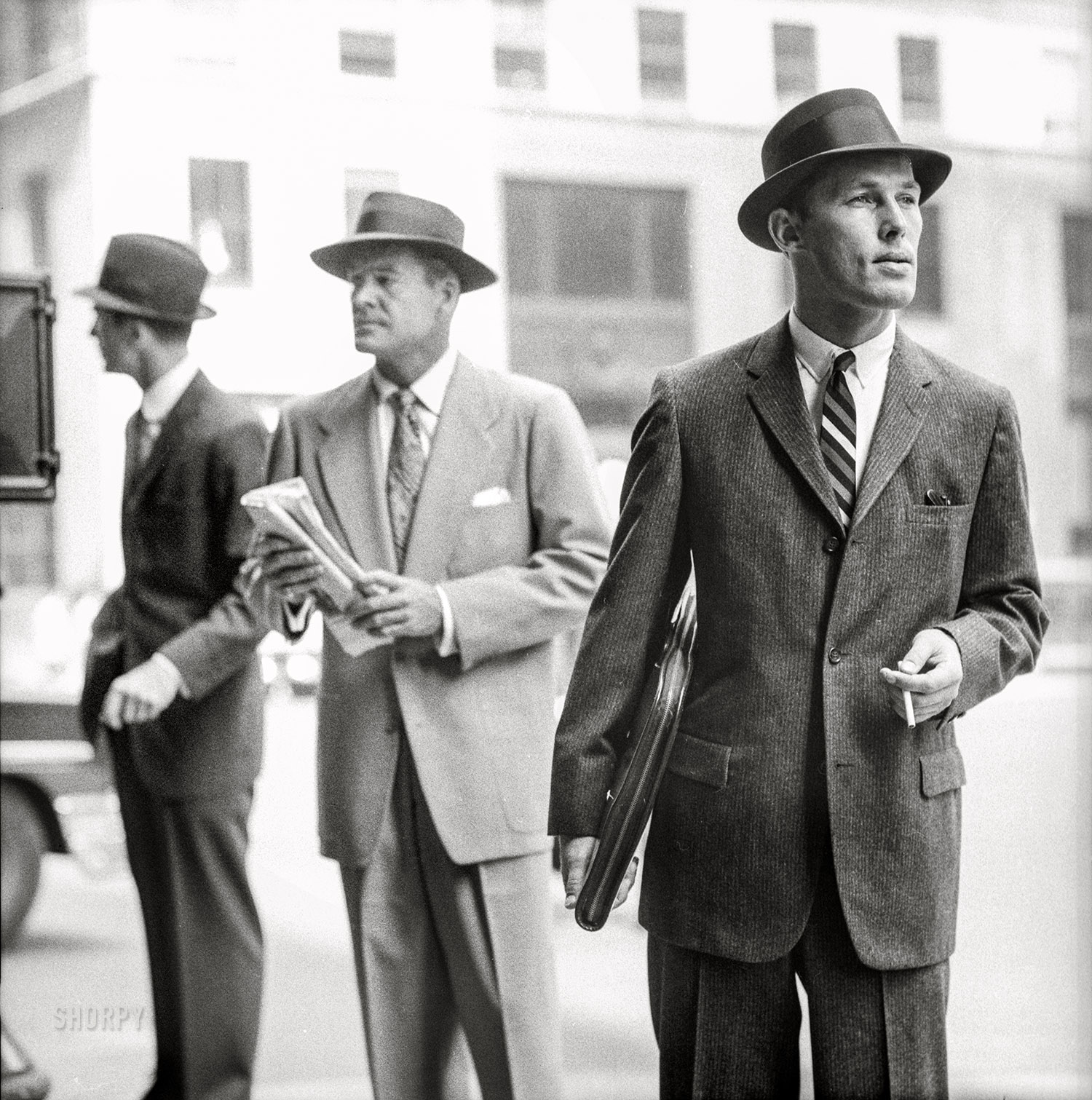 August 1957. New York. "Up-to-date wardrobe -- men's fashions." Medium format negative from photos for the Look magazine assignment "Is Your Wardrobe Up-to-Date?" View full size.