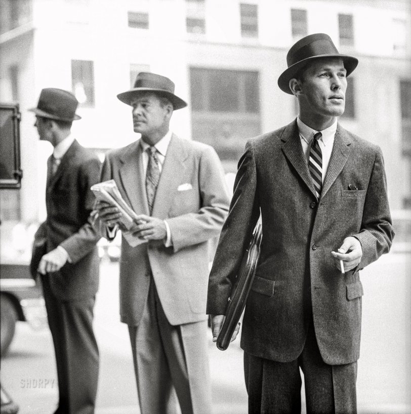 August 1957. New York. "Up-to-date wardrobe -- men's fashions." Medium format negative from photos for the Look magazine assignment "Is Your Wardrobe Up-to-Date?" View full size.
