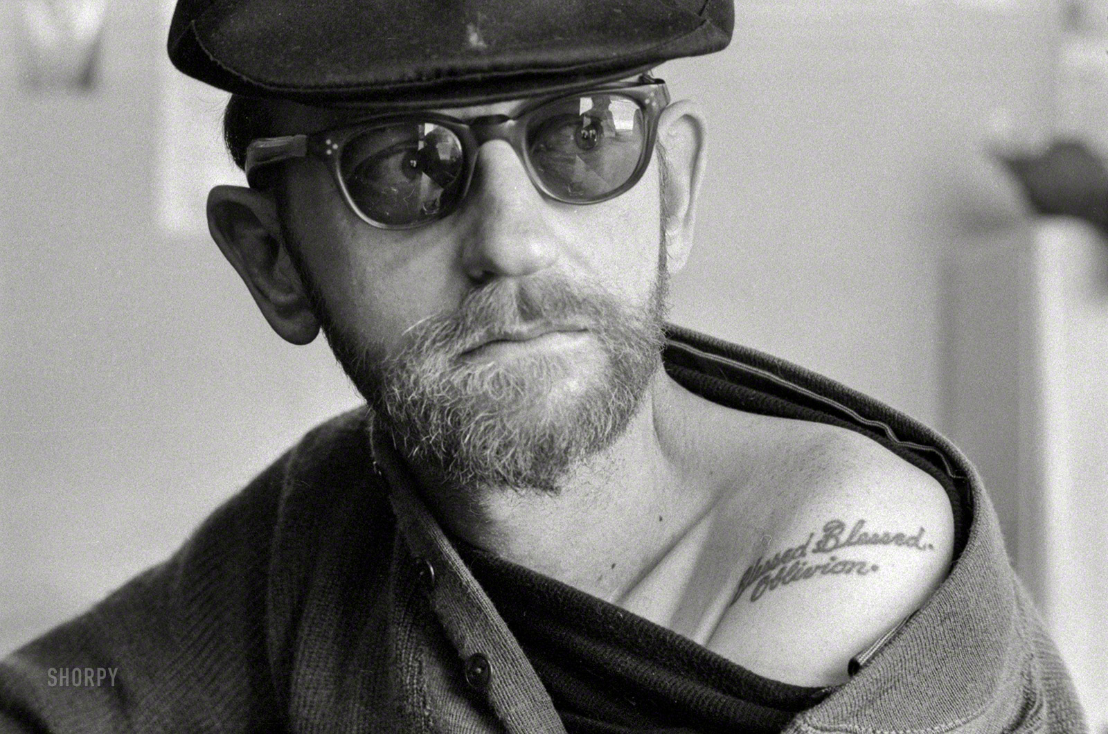 April 1958. "Hubert Leslie, human guinea pig for medical experiments (also an artist known as 'Hube the Cube'), one of the 'Beatnik' community of San Francis&shy;co's North Beach district." 35mm negative from photos by Cal Bernstein for the Look magazine article "The Bored, the Bearded and the Beat." View full size.
