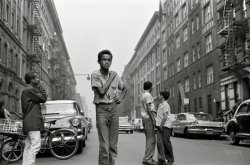 September 15, 1959. "Photos show 14-year-old José Rivera, a Puerto Rican immigrant, his friends, family and neighborhood on New York City's Upper West Side; playing stickball on street; on streets during day and night; playing pool and basketball at a community center; making boxes in a pizza parlor; at church; with family in their apartment." 35mm negative by Paul Fusco for the Look magazine assignment "The Real West Side Story." View full size.