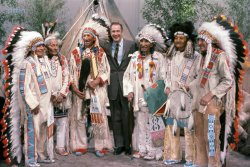 Los Angeles, 1960. "Sioux tribal leaders on the TV show This Is Your Life, with actor Vincent Price, chairman of the Department of the Interior's Indian Arts and Crafts Board. Left to right: Chief Iron 'Gus' Shell Necklace (Brulé Sioux); Chief Howard Bad Bear and Chief Henry Weasel (Oglala Sioux; survivors of the Wounded Knee Massacre); Chief Ben American Horse; Chief Frank Kicking Bear (Minnicoujou); and Chief John Saul (Yanktonai)." View full size.