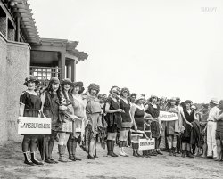 June 25, 1921. Washington, D.C. "Bathing beach costume contest." The ladies last glimpsed here, an array of lesser lights orbiting the transcendently beautiful Iola Swinnerton, second from left with the Krazy Kat doll. View full size.