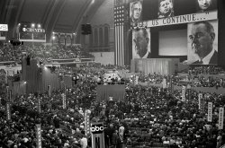 August 24, 1964. Atlantic City, New Jersey. "View of delegates and stage with large pictures of John F. Kennedy, Harry Truman, Franklin D. Roosevelt and Lyndon B. Johnson with the slogan 'Let Us Continue,' at the 1964 Democratic National Convention." 35mm acetate negative by Warren K. Leffler for U.S. News &amp; World Report. View full size.
Convention Hall organI love viewing and reading history about that convention hall, which houses the world's largest pipe organ. I wonder if it was played much at that convention. FWIW, there's a great Facebook page which is documenting the continuing progress on the restoration of that instrument, and a lot of details and aspects of the hall are discussed, too.
Reminds me of MomMy mother was a delegate at that convention. She is on the right of this photo taken at the convention. She and the other woman served President and Mrs. Johnson tea. I never did ask her why, but I'm thinking LBJ probably wanted something a little stronger.
Always The Network With the Best Graphics52 years later and CBS News is still using virtually the same logo seen at this convention on its website in 2016.
(The Gallery, Atlantic City, Politics, Public Figures, TV)