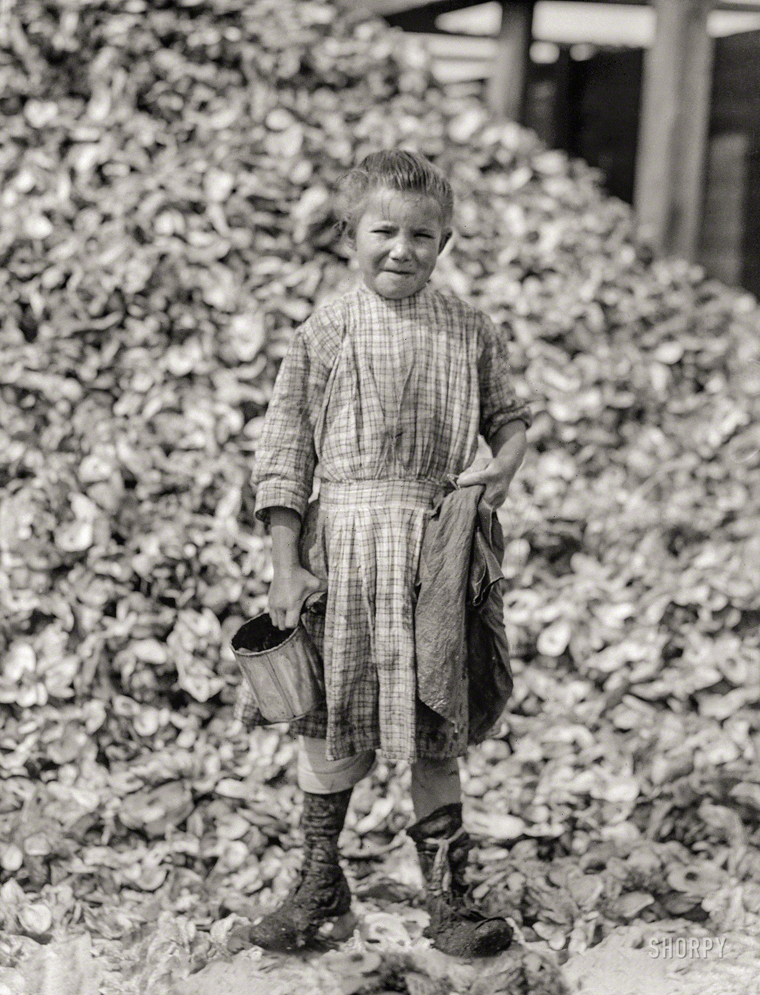 February 1912. "Tiny, a seven-year-old oyster shucker (sister of Henry, No. 3291), does not go to school. Works steady. Been at it one year. Maggioni Canning Co. Port Royal, South Carolina." Photograph by Lewis Wickes Hine. View full size.