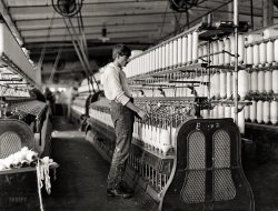 December 1908. "Catawba Cotton Mills. Newton, N.C. It seems a pity that some of the spinning frames are so large that the children cannot operate them." Glass negative (and sardonic caption) by Lewis Wickes Hine. View full size.