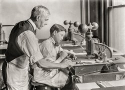 Jan. 30, 1917. "14-year old Fred cutting dies for a new job. Embossing shop of Harry C. Taylor. 61 Court Street, Boston, Mass." 5x7 inch glass negative by Lewis Wickes Hine. View full size.