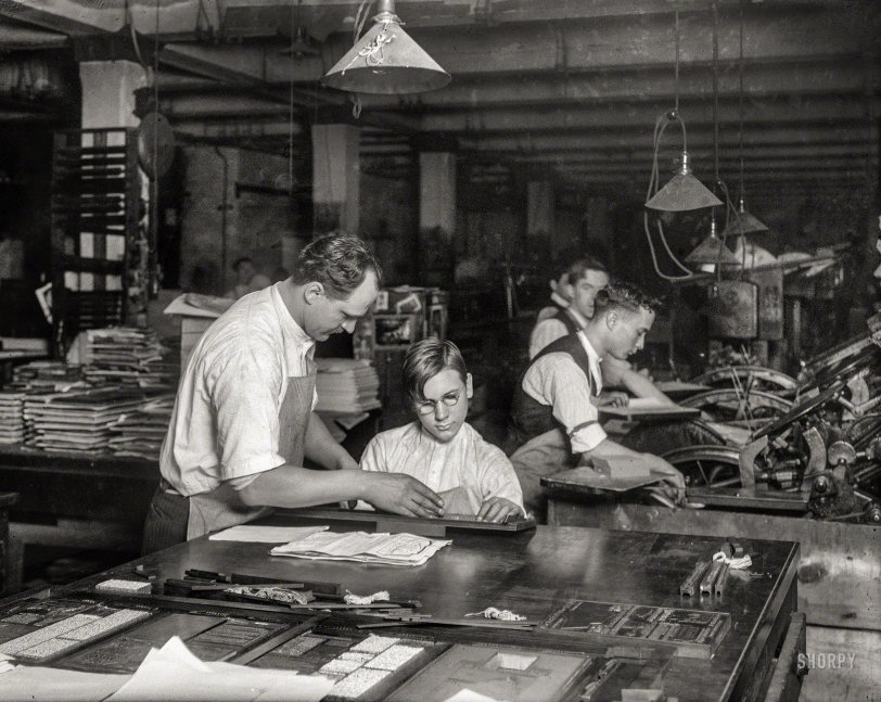 February 1917. "Horace Lindfors, 14-year-old printer's helper, sizing up leads for Riverside Press, First Avenue, New York City." 5x7 inch glass negative by Lewis Wickes Hine for the National Child Labor Committee. View full size.
