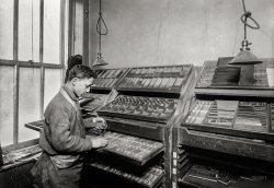 February 1917. New York. "Louis Gitney, a young compositor earning $7 a week in a Sixth Avenue (N.Y.) printing office. He learned the trade at Public School 64." 5x7 inch glass negative by Lewis Wickes Hine. View full size.
