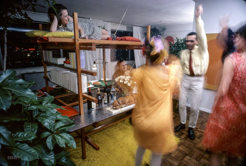 1966. "Portable modular furniture ('box-lodging') designed by Kenneth Isaacs to serve as all-in-one units for one or two people. Includes Isaacs and wife Barbara entertaining guests in their apartment." Color transparency by Reid Miles for the Look magazine assignment "Minimal Living: The Basic Pad." View full size.
