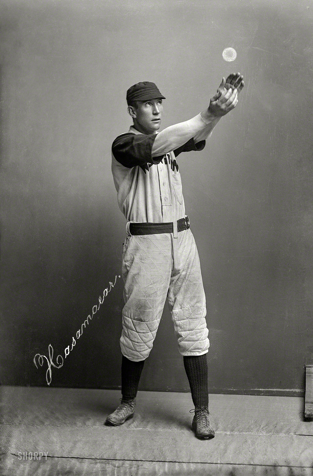 Circa 1895. "Hasamaear, Washington baseball." Fan favorite William "Roaring Bill" Hasamaear keeps his eye on the ball, such as it is. 5x7 inch glass negative from the C.M. Bell portrait studio in Washington, D.C. View full size.