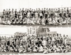 "Long Beach, California, Bathing Beauty Parade -- 1927." Panorama by Weaver, Los Angeles, rearranged into two tiers of Jazz Age pulchritude. View full size.