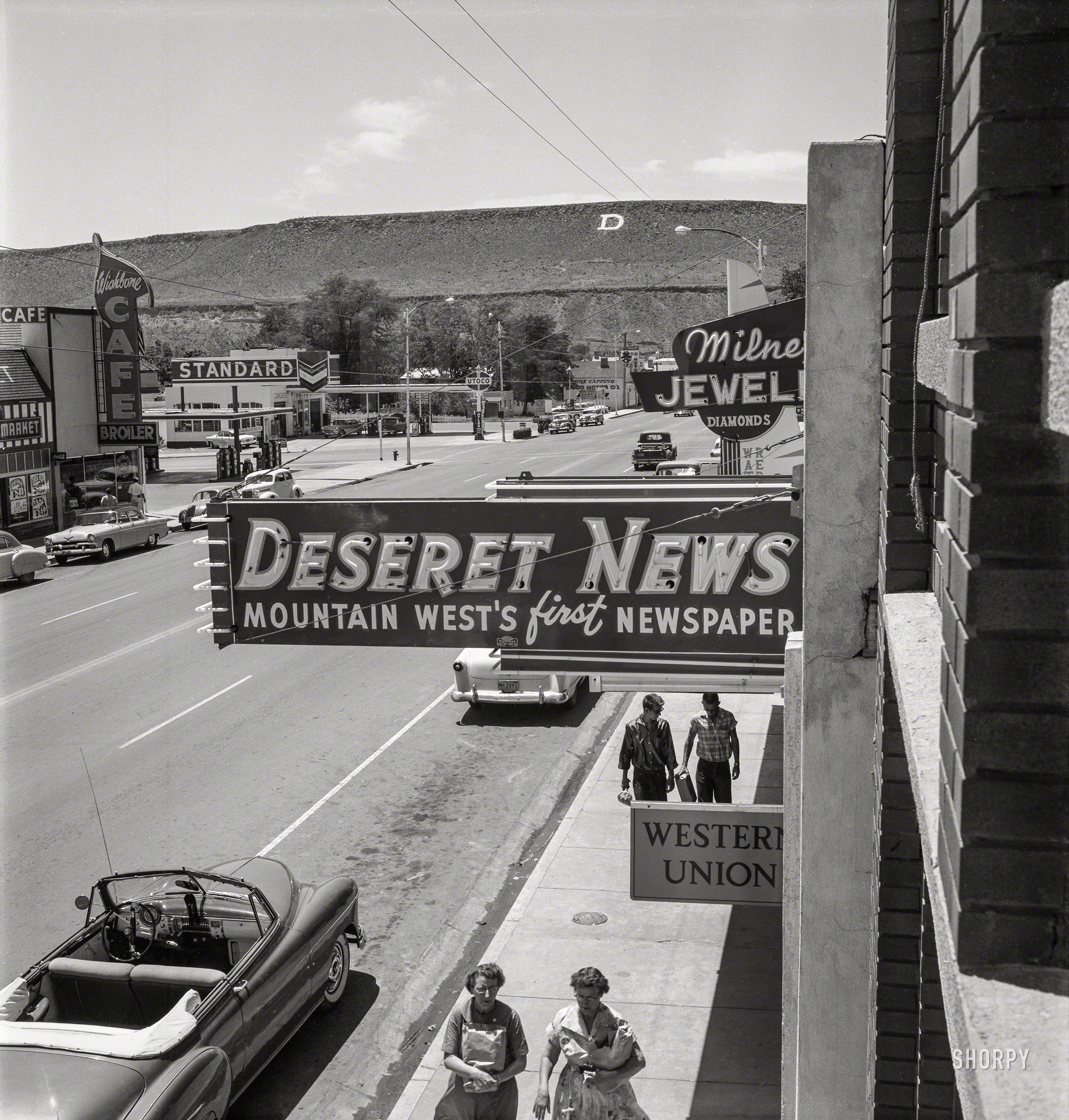 June 7, 1957. "Exterior scenes in St. George, Utah. Local residents being interviewed about their feelings on nuclear testing. Photos by Charles Steinheimer from Black Star. Roll 5: Main Street scenes." From the U.S. News & World Report archive donated to the Library of Congress. View full size.