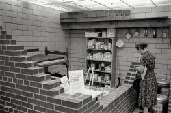 Oct. 11, 1961. "New York Civil Defense Commission Family Shelter display." Including Chess-Dominoes-Checkers. 35mm negative by Hans Knoff for the Look magazine assignment "The Great Fallout Shelter Panic."  View full size.