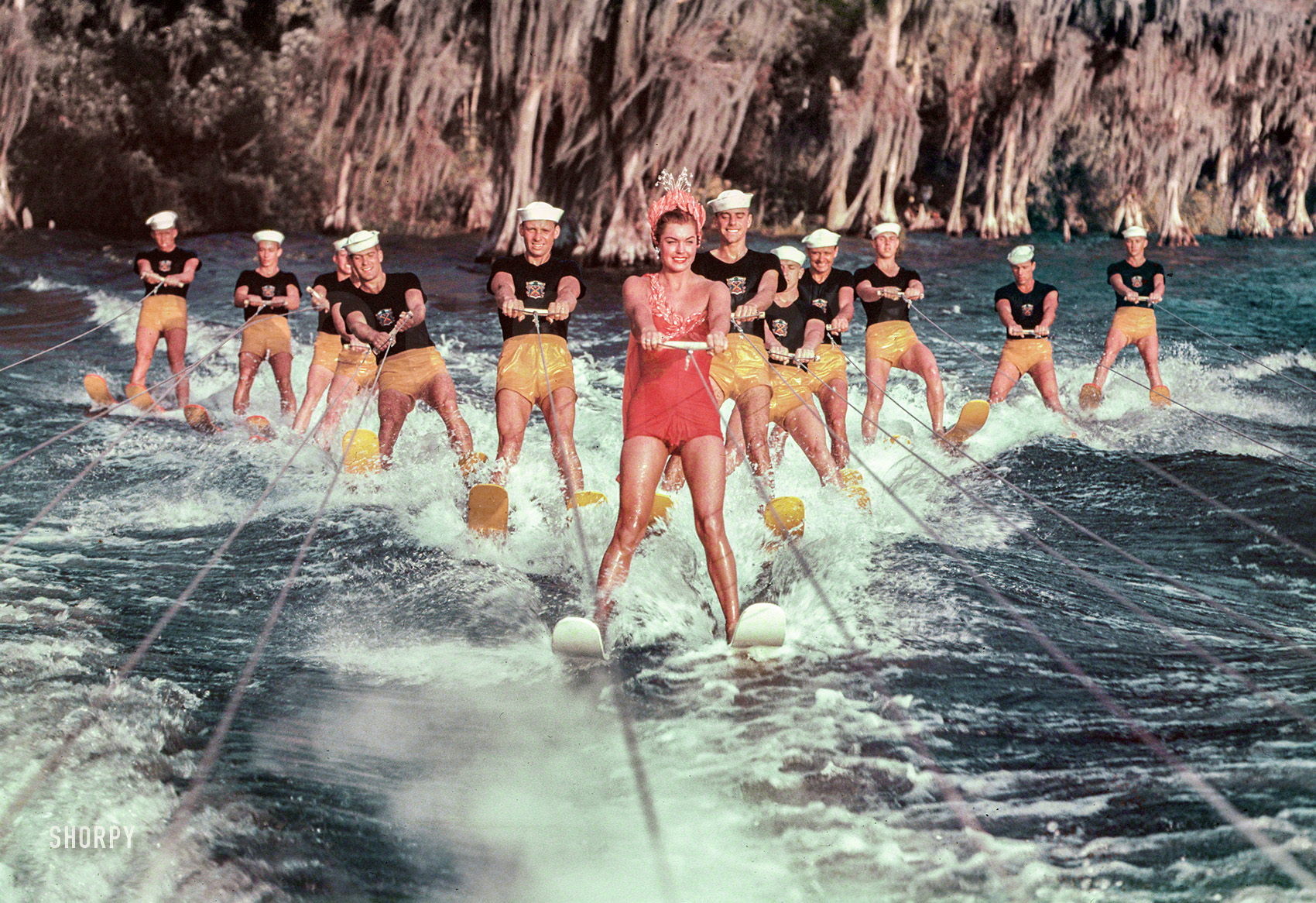 February 1953. "Actress Esther Williams and cast of the film Easy to Love rehearsing and filming water skiing sequences at Cypress Gardens, Winter Haven, Florida." Ektachrome transparency by Phillip Harrington for the Look magazine assignment "Esther Williams: Mermaid on Skis." View full size.