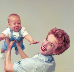 April 1954. New York. "Actress Cloris Leachman at home with baby." The future Oscar winner and her son Adam Englund. Color transparency from photos by Phillip Harrington for Look magazine. View full size.