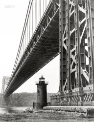 August 1962. New York. "The George Washington Bridge with its good neighbor -- The Little Red Lighthouse." The Jeffrey's Hook Light on the Hudson River. AA batteries not included. New York World-Telegram and the Sun Newspaper Photograph Collection. View full size.