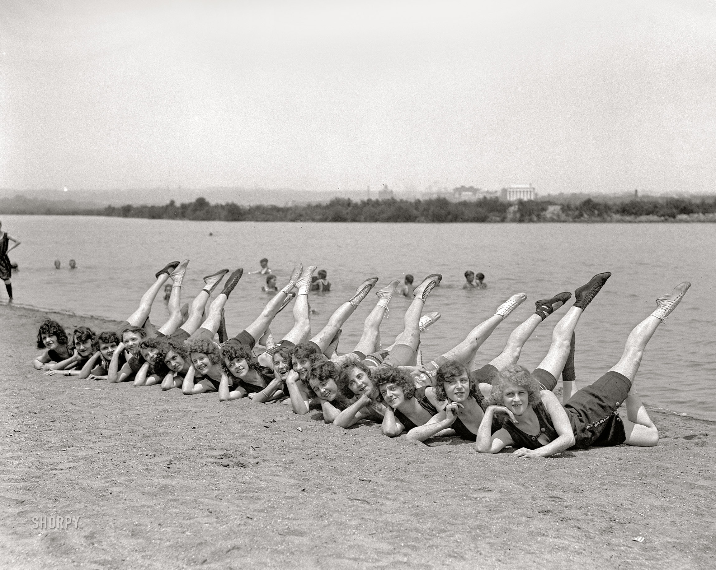 July 19, 1923. Washington, D.C. "Sunshine Girls at beach." The London dance troupe originated by the British musical-theater impresario John Tiller. View full size.