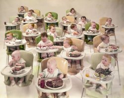 February 26, 1954. "Large group of infants in high chairs with various adult foods on their trays." Large-format color transparency by Arthur Rothstein for the Look magazine assignment "No one eats better than Baby." View full size.