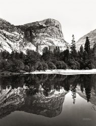 Circa 1865. "Mirror Lake, Yosemite Valley, albumen silver print. Carleton Watkins (1829 - 1916), an early photographer of Yosemite, captured this pristine view of Mirror Lake while most of the country was engaged in the Civil War. One of the best landscape photographers of the 19th century, Watkins used the cumbersome, demanding technology of his era, which required large glass wet plate negatives, and produced some of the most stunning images of this extraordinary wilderness. His views are credited with inducing members of Congress to pass legislation in 1864 that required California to protect the area from development. Abraham Lincoln, reported to have been very taken with the beauty of the images, signed the bill. Later efforts by landscape designer Frederick Law Olmsted and naturalist John Muir resulted in Yosemite being proclaimed a national park in 1890." View full size.