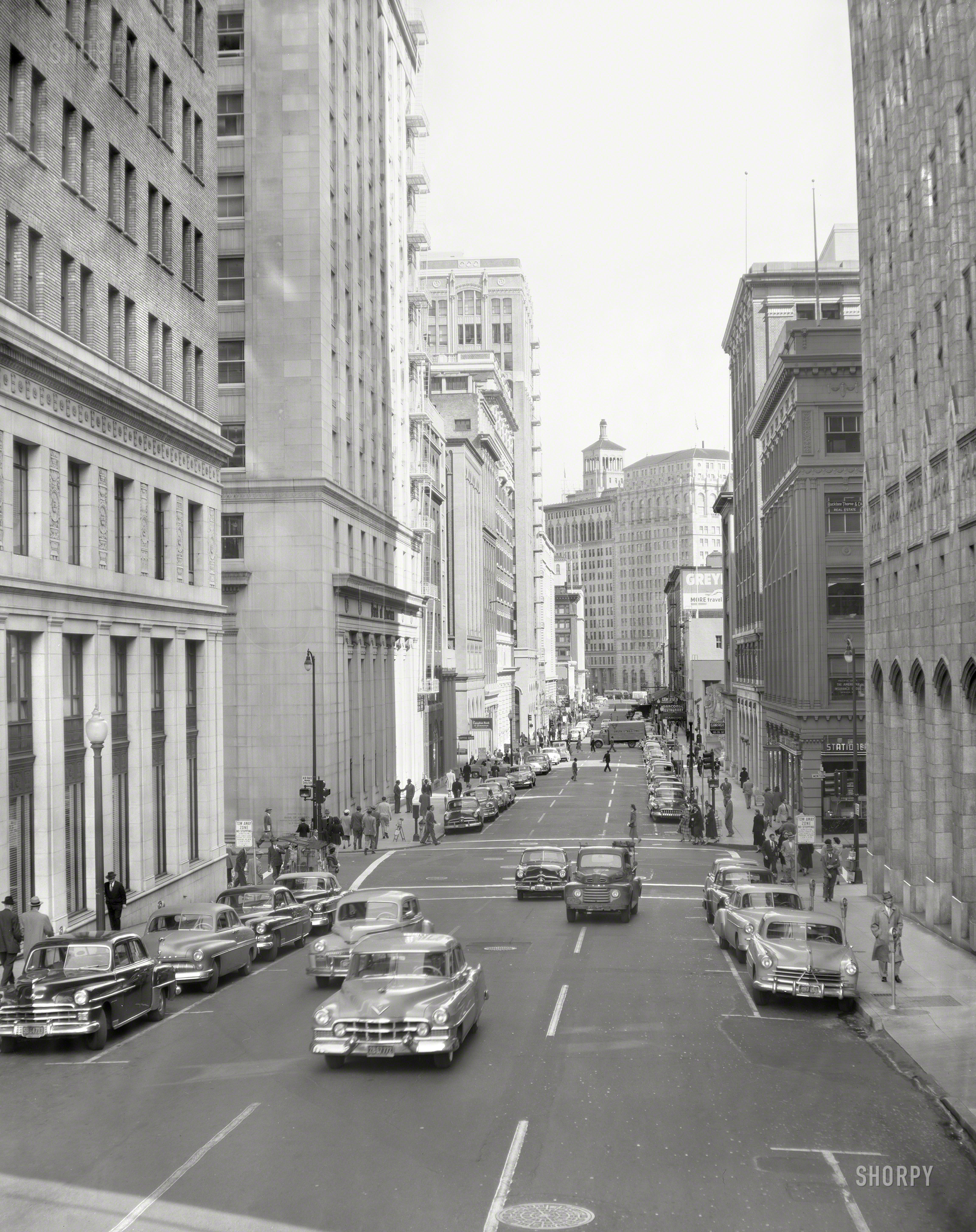 1952. "Pine Street at Montgomery, San Francisco." Looking toward the Matson and PG&E buildings on Market Street. 8x10 acetate negative. View full size.