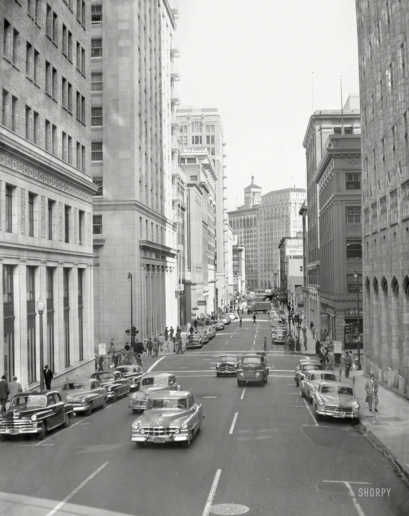 1952. "Pine Street at Montgomery, San Francisco." Looking toward the Matson and PG&amp;E buildings on Market Street. 8x10 acetate negative. View full size.
