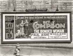 &nbsp; &nbsp; &nbsp; &nbsp; Now playing at the Granada: Betty Compson in "The Bonded Woman," accompanied by Paul Ash and his Synco-Symphonists, with Wallace at the organ.
San Francisco, 1922. "Foster & Kleiser billboard." 8x10 inch nitrate negative, late of the Wyland Stanley and Marilyn Blaisdell collections. View full size.