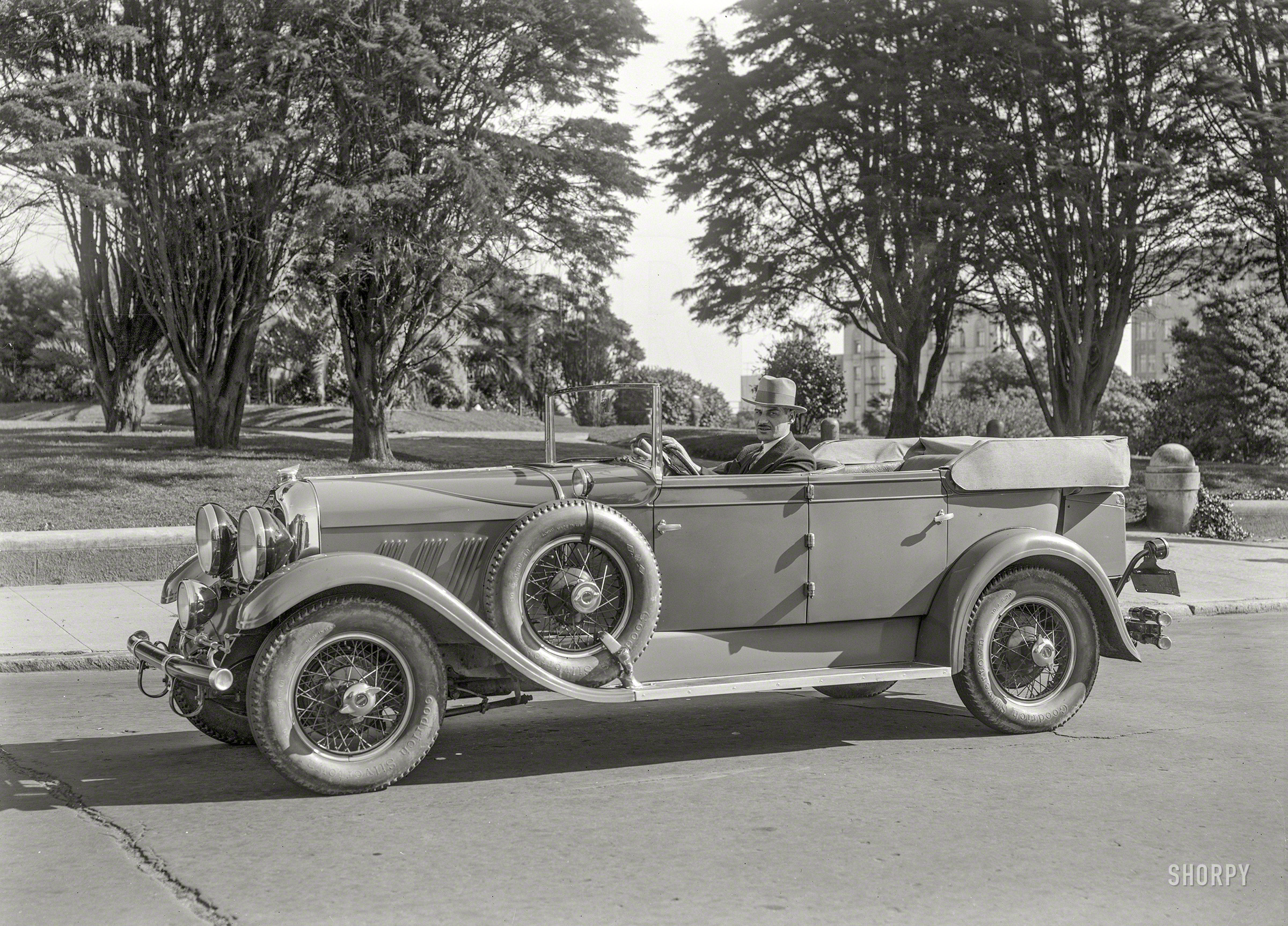 San Francisco, 1928. "Auburn Phaeton Sedan." Note the unusual center-hinged doors. 5x7 inch glass negative by Christopher Helin. View full size.