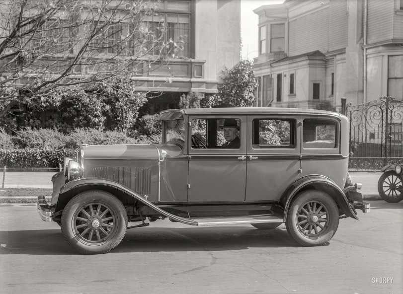 San Francisco, 1928. "DeSoto Six sedan." Perhaps doing some advance location scouting for Jimmy Stewart's Firedome coupe three decades hence. 5x7 glass negative by Christopher Helin. View full size.