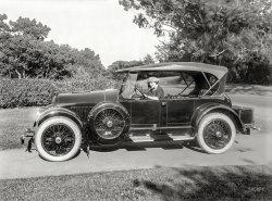 San Francisco circa 1922. "Kissel Tourster at Golden Gate Park." The driver evidently an understudy for Isadora Duncan. 5x7 glass negative. View full size.
Isadora LiteEvidently one must work up gradually to the full-throttle version.
She&#039;s a beauty, the car that is, and is presently represented by one surviving example per KisselKar Klub. It’s a 1921 Kissel Model 6-45 Sport Tourster. Kissels were produced in Hartford, Wisconsin and were known for their high quality. The factory building is still with us, having housed the Chrysler outboard motor operation and the Bayliner boat company, among other enterprises. Could that be the understudy’s scarf hanging out the door?
[Hence the gag ... so to speak. -tterrace]
(The Gallery, Cars, Trucks, Buses, Chris Helin, San Francisco)