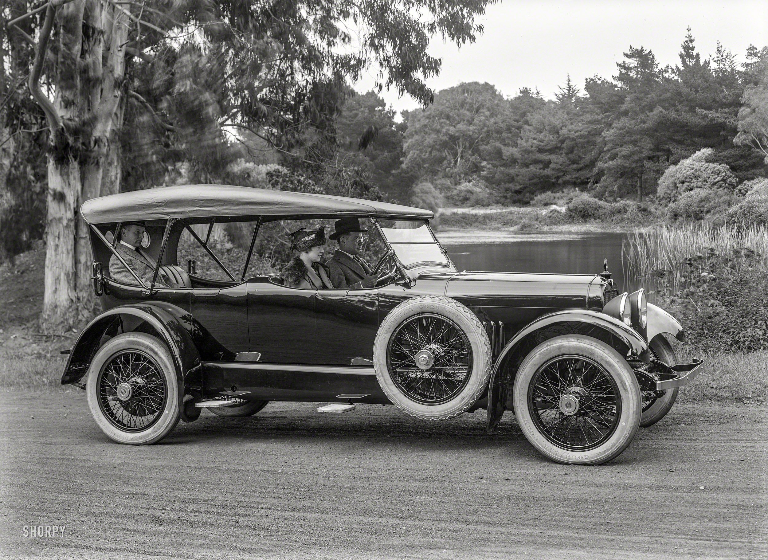 &nbsp; &nbsp; &nbsp; &nbsp; "We always carry a spare, just in case."
San Francisco circa 1919. "Mercer touring car at Chain of Lakes, Golden Gate Park." 5x7 glass negative by Christopher Helin. View full size.