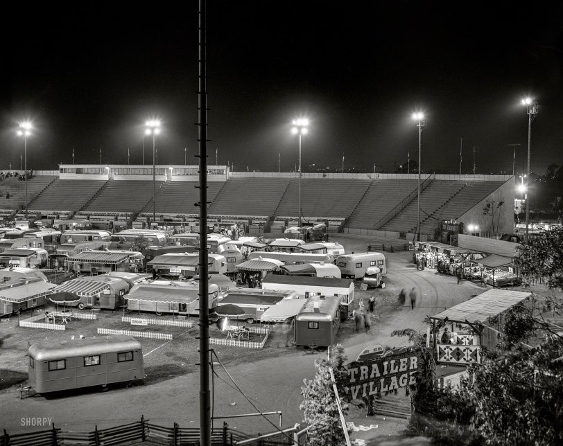"1947 trailer show at Gilmore Field, Los Angeles." The Gypsy life, mid-century style. 4x5 negative by Watson from the News Photo Archive. View full size.
