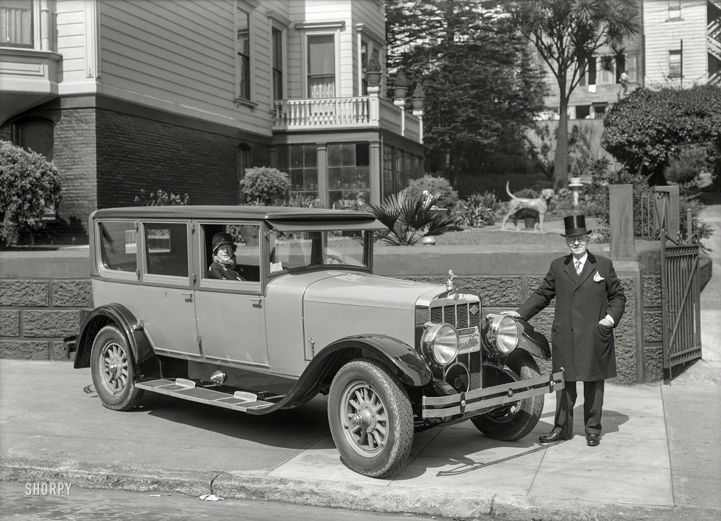 San Francisco, 1928. "Col. M. Franklin with Franklin Airman sedan." Despite such eponymous endorsements, by 1934 the air-cooled Franklin had run out of gas. 5x7 inch glass negative by Christopher Helin. View full size.