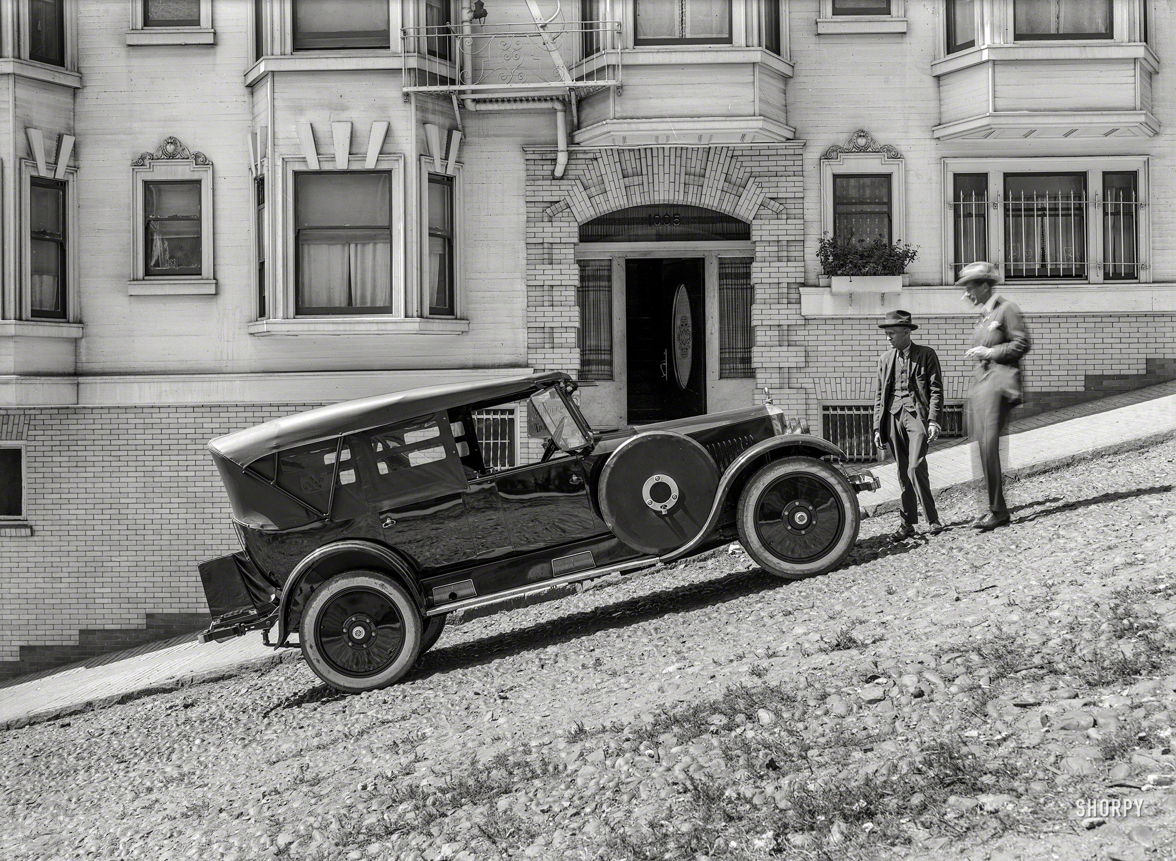 San Francisco circa 1923. "Studebaker Big Six touring car." At the Vanderbilt Apartments. 5x7 glass negative by Christopher Helin. View full size.