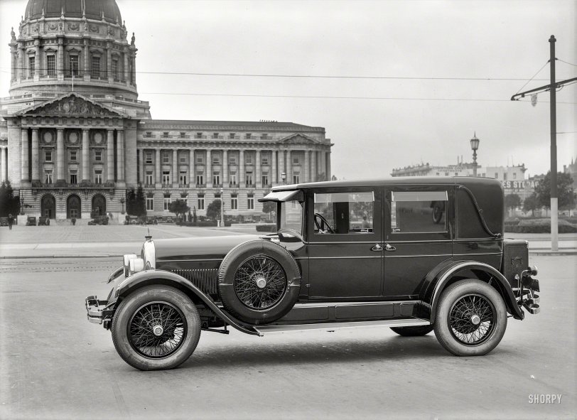 San Francisco circa 1926. "Locomobile Junior Eight Brougham at City Hall." Bearing the monogram "PMN." 5x7 glass negative by Chris Helin. View full size.
