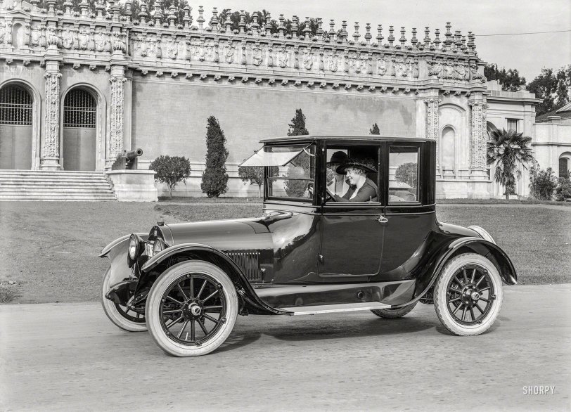 San Francisco, 1918. "Buick Model 46 four-passenger touring coupe at de Young Museum, Golden Gate Park." 5x7 glass negative by Chris Helin. View full size.
