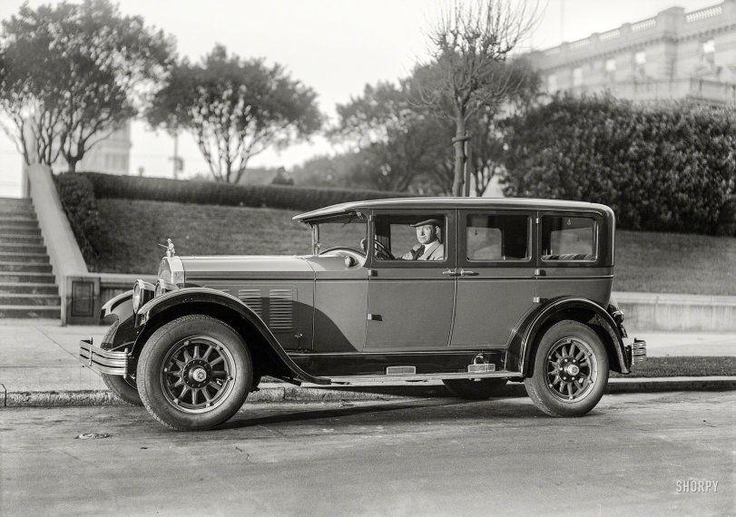 San Francisco circa 1927. "Willys-Knight Model 66 sedan." Note the knight radiator cap. 5x7 glass negative by Christopher Helin. View full size.
