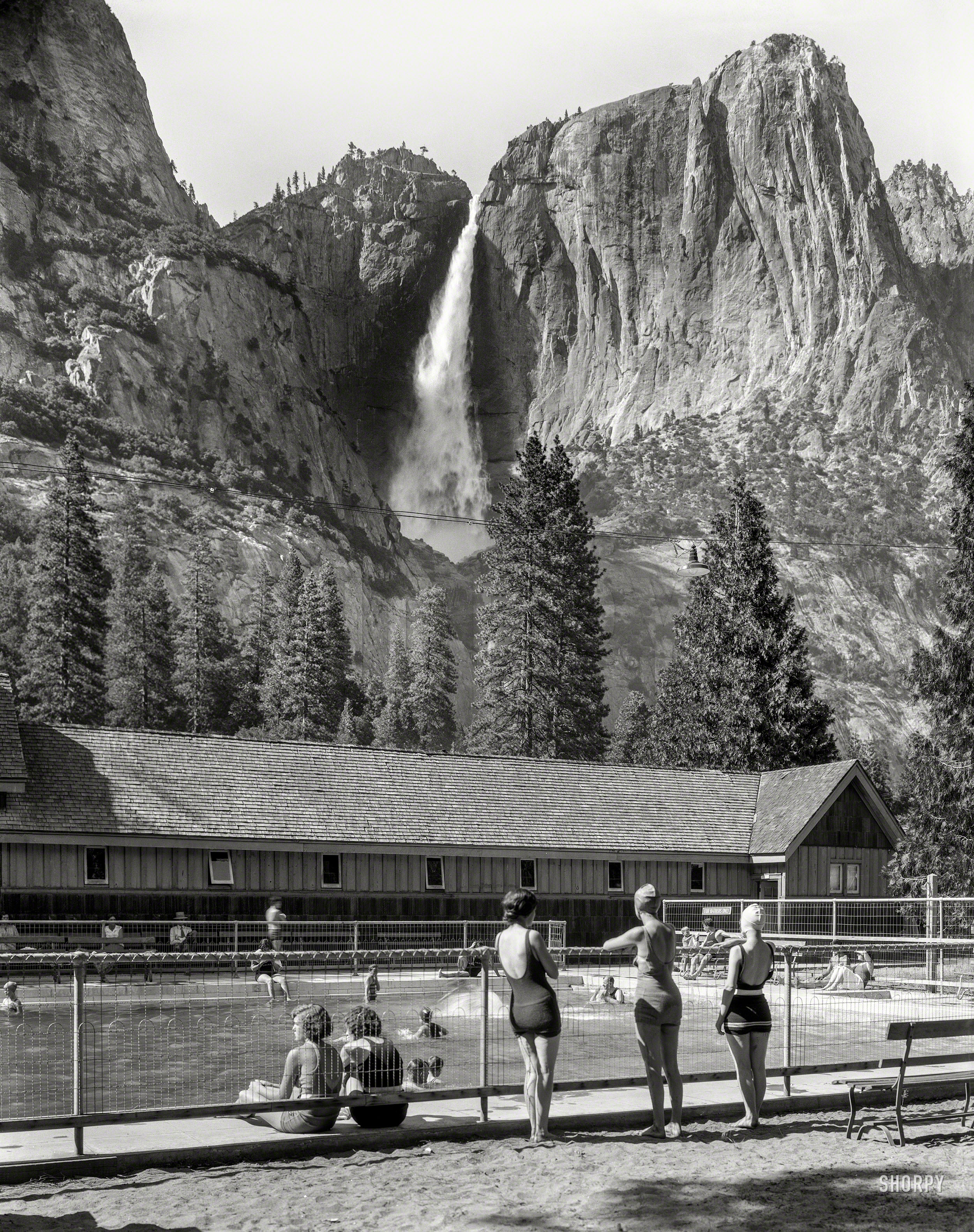 Mariposa County, California, circa 1940. "Yosemite Lodge pool and Falls vista." 8x10 inch acetate negative by Moulin Studios. View full size.