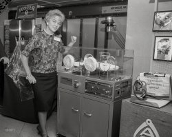 Chicago circa 1962. "Miss Eileen Dawson of American City Bureau at Tri-State Hospital Assembly exposition. Air-Shields Inc. Isolette incubator display." 4x5 inch acetate negative from the Shorpy News Photo Archive. View full size.