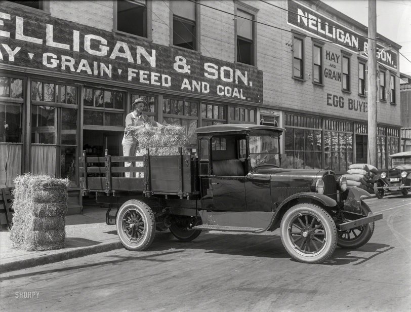 Santa Rosa, California, circa 1924. "Graham Brothers truck at Nelligan &amp; Son." 8x6 inch glass negative, photographer unknown. View full size.
