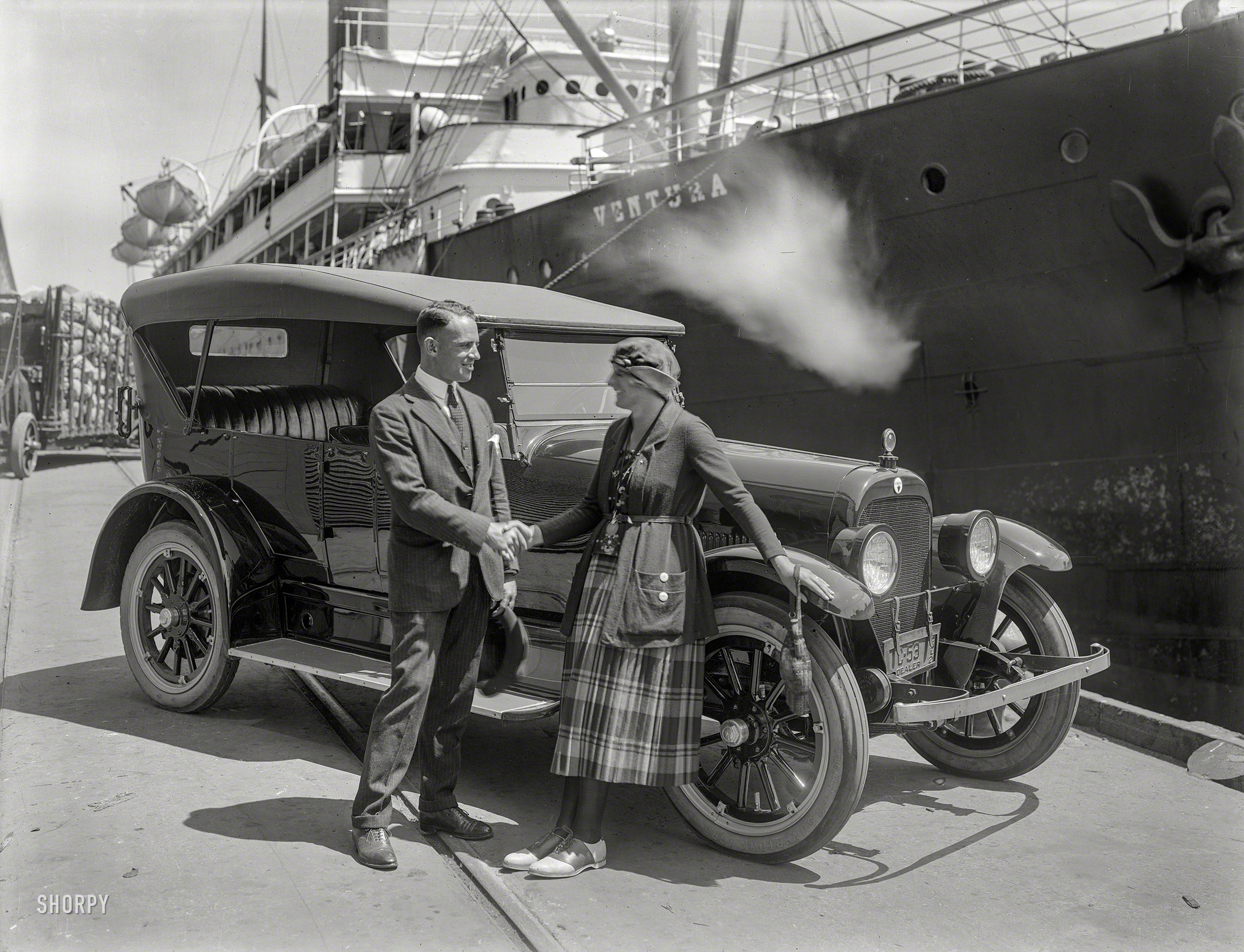 "Jordan touring car at San Francisco piers, 1921." The S.S. Ventura at dock. 8x6 inch glass negative, photographer unknown. View full size.