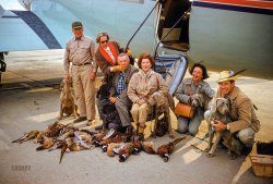November 1958. "Successful hunting party Mr. and Mrs. Stanford Murphy (left), Mr. and Mrs. Vic Bergeron, and retired Navy Captain and Mrs. Clayton McCauley pose before DC-3 in San Francisco with field dogs and one-day bag of game birds. Lumberman Murphy's Flying M Ranch, a 4,000-acre preserve near Yerington, Nevada, is a 65-minute flight from California. It is only a short walk from the Flying M's 4,500-foot landing strip to the five-bedroom ranch house with adjacent bunkhouse, cookhouse and manager's quarters. 'Before we bought the ranch,' Murphy says, 'we didn't have any place of our own to hunt pheasants'." Kodachrome by Toni Frissell for the Sports Illustrated assignment "Upland Game Birds in Nevada." View full size.