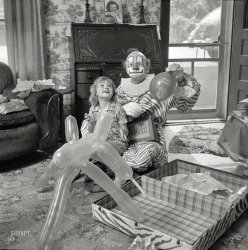June 1953. "Clarabell takes to the hills. Howdy Doody Show character Clarabell the Clown (actor Nick Nicholson) visiting the Dolan family in Boone County, West Virginia." Photo by Phillip Harrington for Look magazine. View full size.