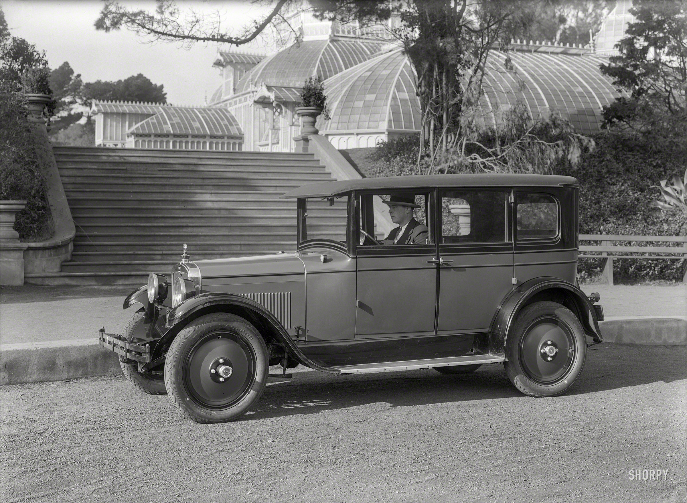 San Francisco, 1925. "Ajax Six sedan at Golden Gate Park Conservatory." The Ajax, manufactured by Nash Motors in Racine, Wisconsin, survived just two model years before expiring in 1926. 5x7 glass negative by Christopher Helin. View full size.