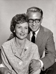 &nbsp; &nbsp; &nbsp; &nbsp; Apropos of nothing in particular, we present this press-release photo of newlyweds Betty White and Allen Ludden.
1963. "Allen Ludden and Betty White, co-starring in Lerner & Loewe's hit musical Brigadoon, at the Gladiators Music Arena in Totowa, N.J., now through Sunday, July 14." View full size.