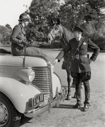 San Francisco, 1937. "Policeman and Pontiac at Golden Gate Park." 8x10 negative, late of the Marilyn Blaisdell and Wyland Stanley collections. View full size.