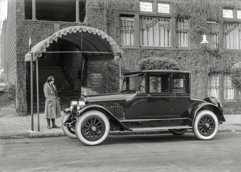 San Francisco circa 1920. "Mercer four-passenger coupe." At the vine-covered California Club. 5x7 glass negative by Christopher Helin. View full size.
